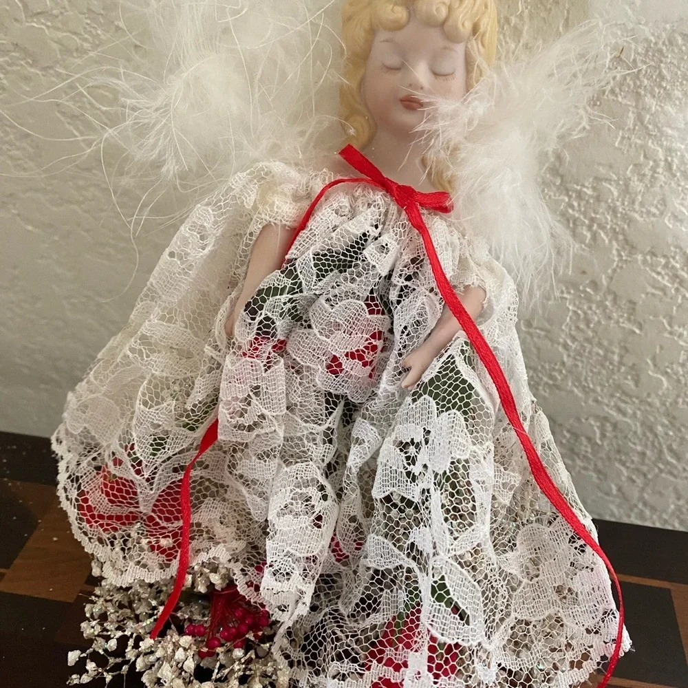 VTG Angel Feather Wings Porcelain Face Ornament Lace Dress Roses Baby Breath 8”L